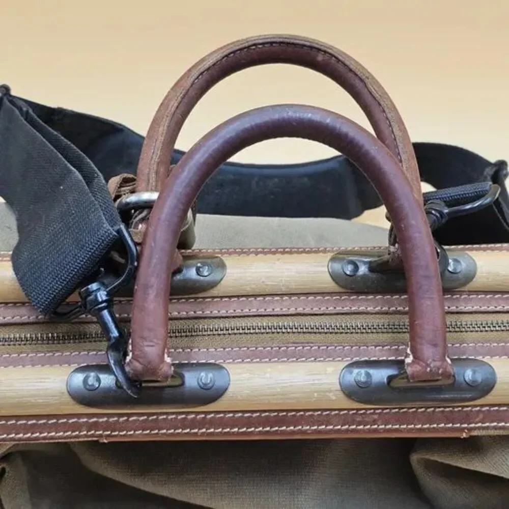 Vintage TOMMY BAHAMA Tan & Brown Leather /Canvas Doctor's Bag Style Duffel RARE